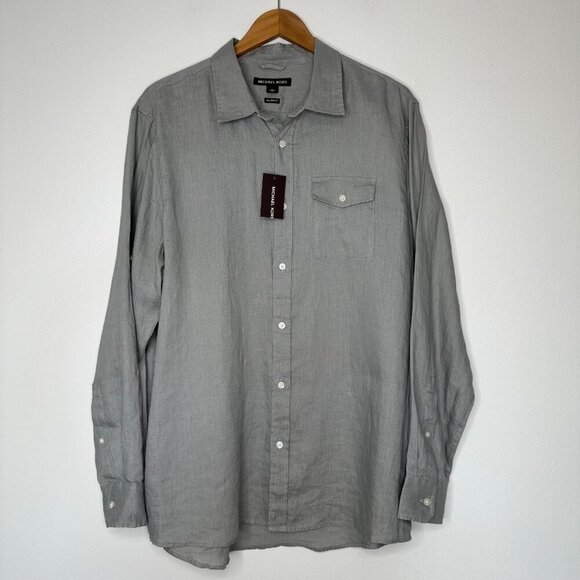 NWT Michael Kors Button up Shirt Size XL Gray 100% Linen Tailored Fit Dress - Picture 1 of 12